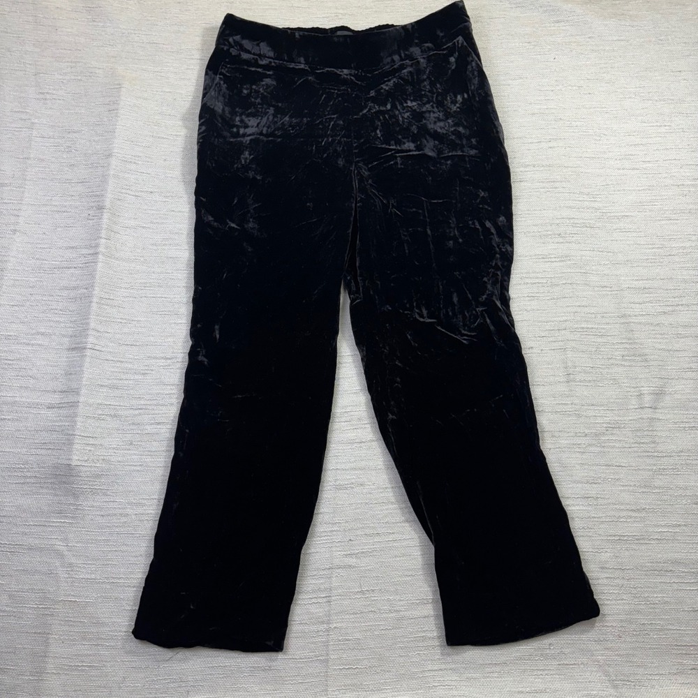 Talbots Black Crushed Velvet Straight Leg Pants Petite 10P Side Zip Ankle‎ Slit